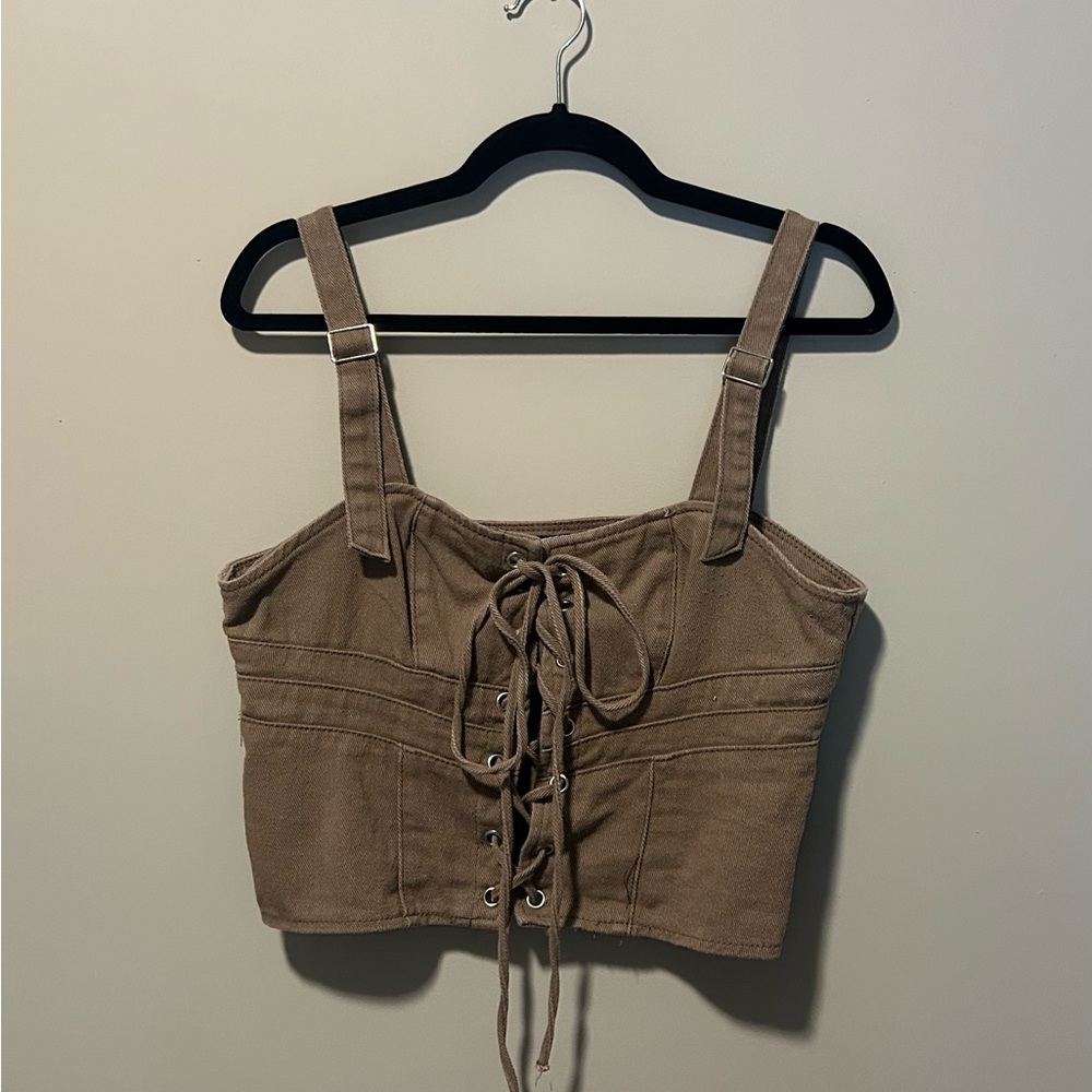 PLT Brown Denim Front-Tie Corset Top